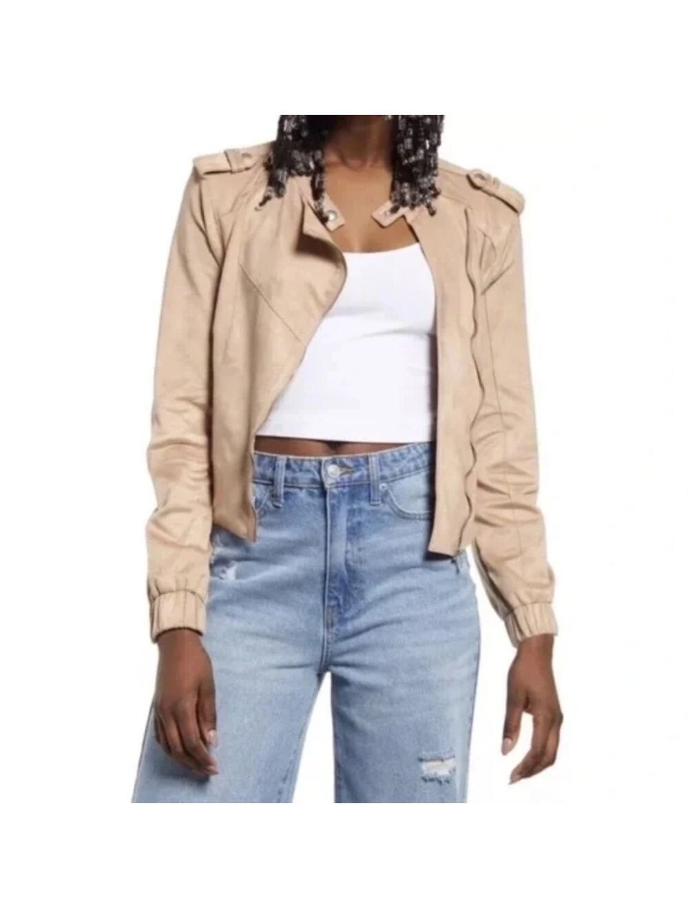 Blank NYC Faux Suede Moto Bomber Jacket Sand Dune Asymmetric Zip Size XS